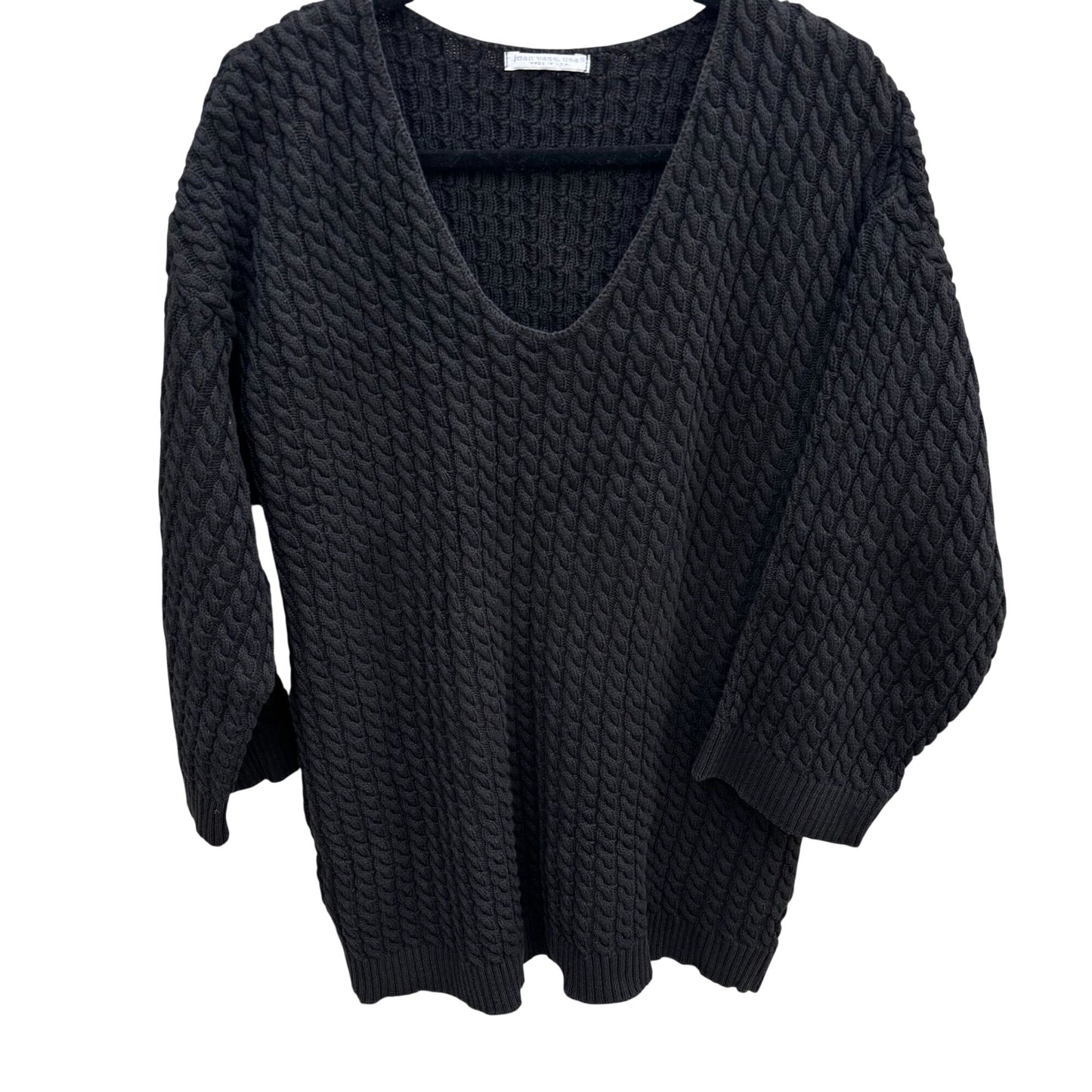 Joan Vass USA Vintage Womens Black Cable Knit V-Neck Sweater Cotton Lagenlook 2