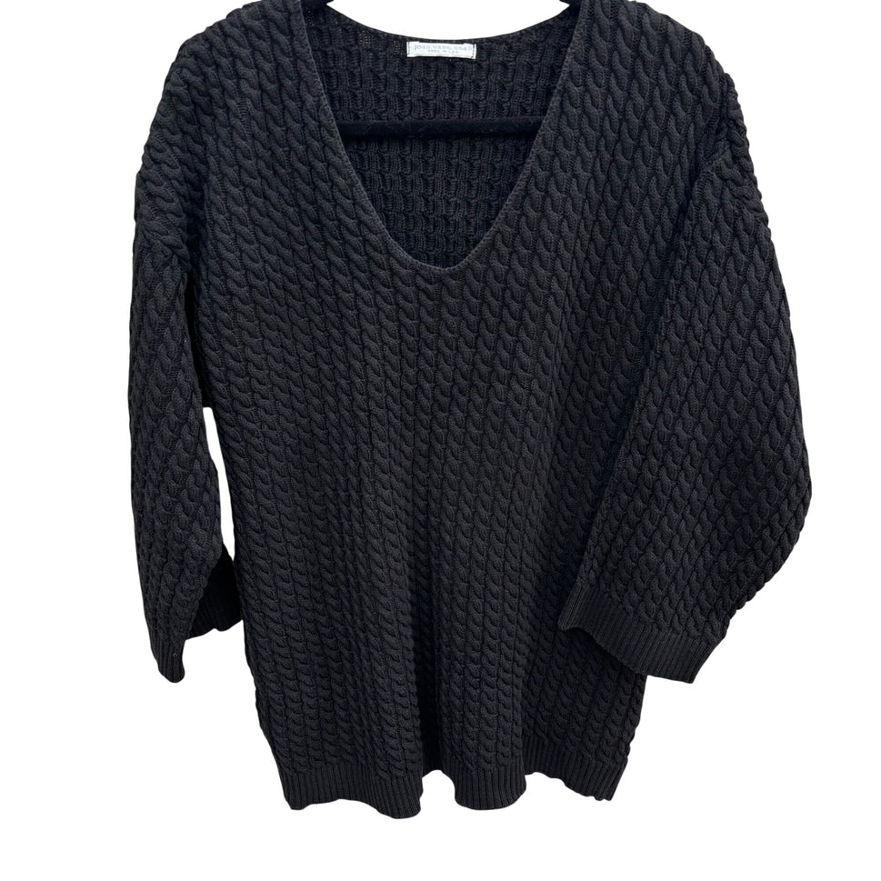 Joan Vass USA Vintage Womens Black Cable Knit V-Neck Sweater Cotton Lagenlook 2