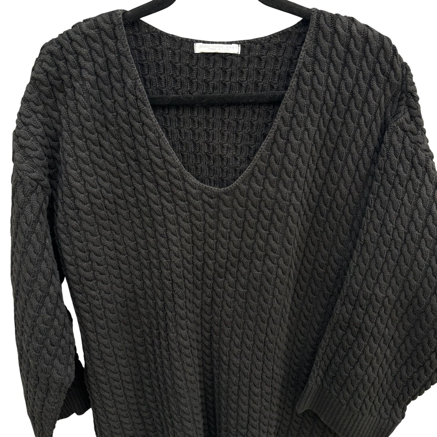 Joan Vass USA Vintage Womens Black Cable Knit V-Neck Sweater Cotton Lagenlook 2
