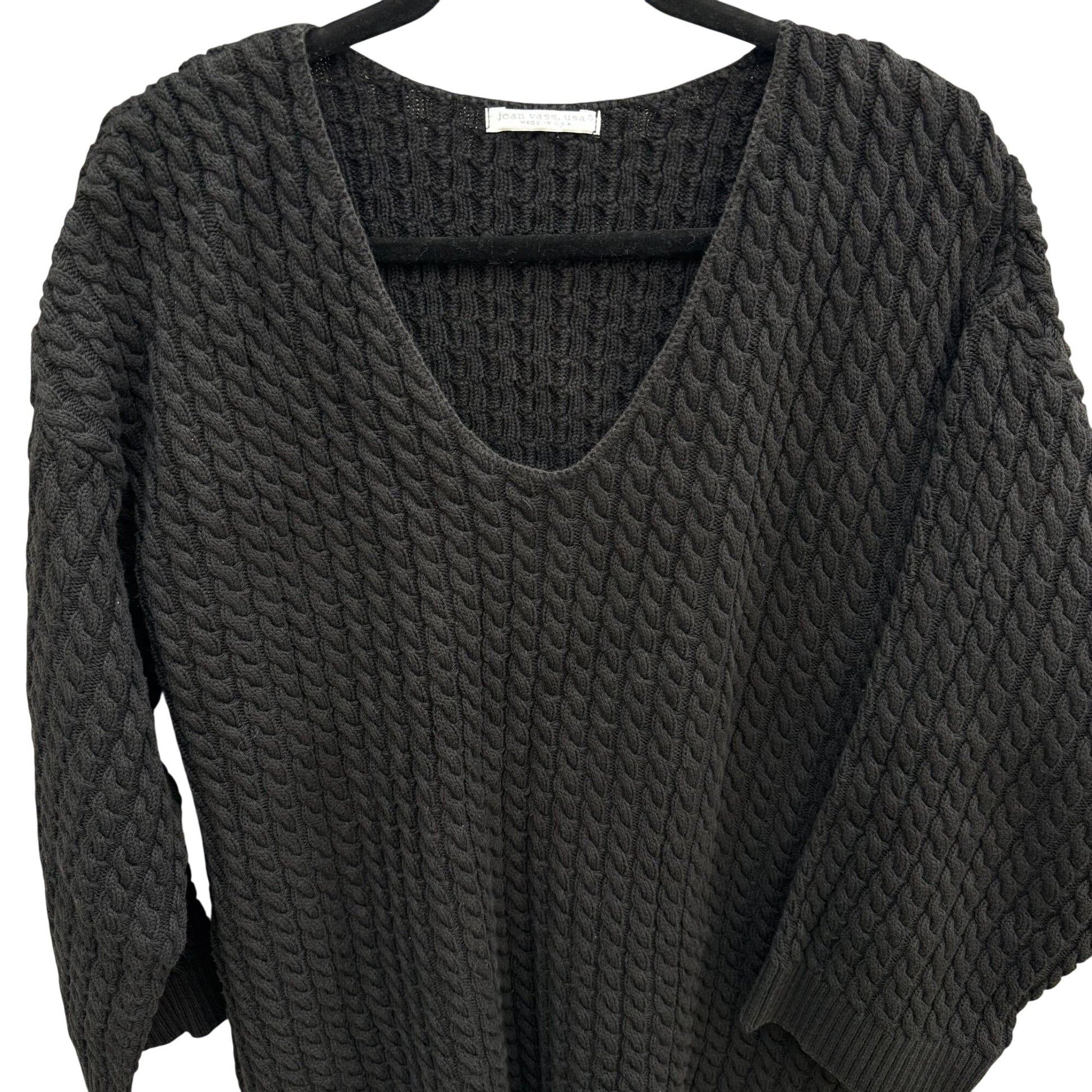 Joan Vass USA Vintage Womens Black Cable Knit V-Neck Sweater Cotton Lagenlook 2
