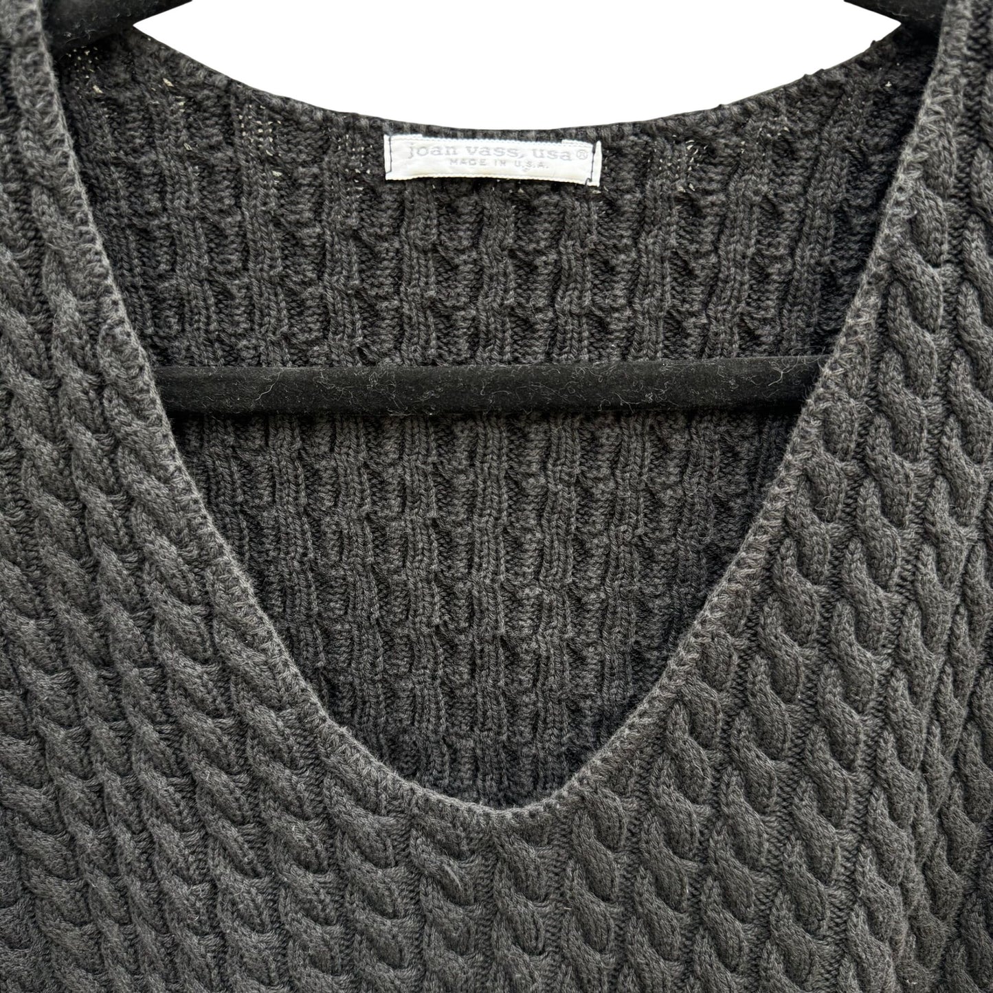 Joan Vass USA Vintage Womens Black Cable Knit V-Neck Sweater Cotton Lagenlook 2