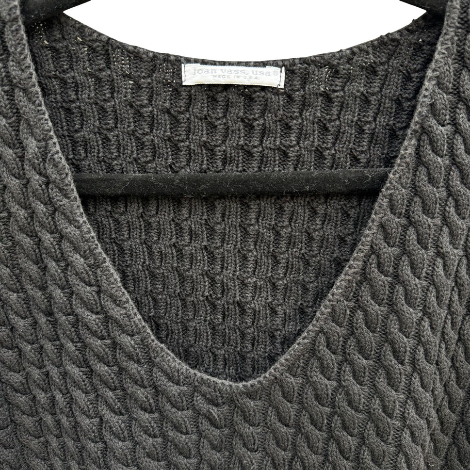 Joan Vass USA Vintage Womens Black Cable Knit V-Neck Sweater Cotton Lagenlook 2