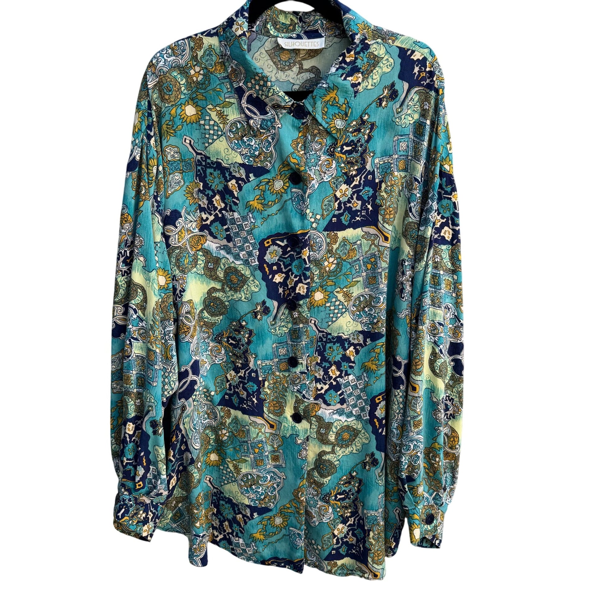 Silhouettes Vintage Long Sleeve Blue Green Paisley Boho Button-Up Shirt Blouse