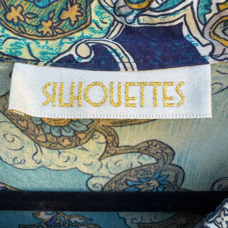 Silhouettes Vintage Long Sleeve Blue Green Paisley Boho Button-Up Shirt Blouse