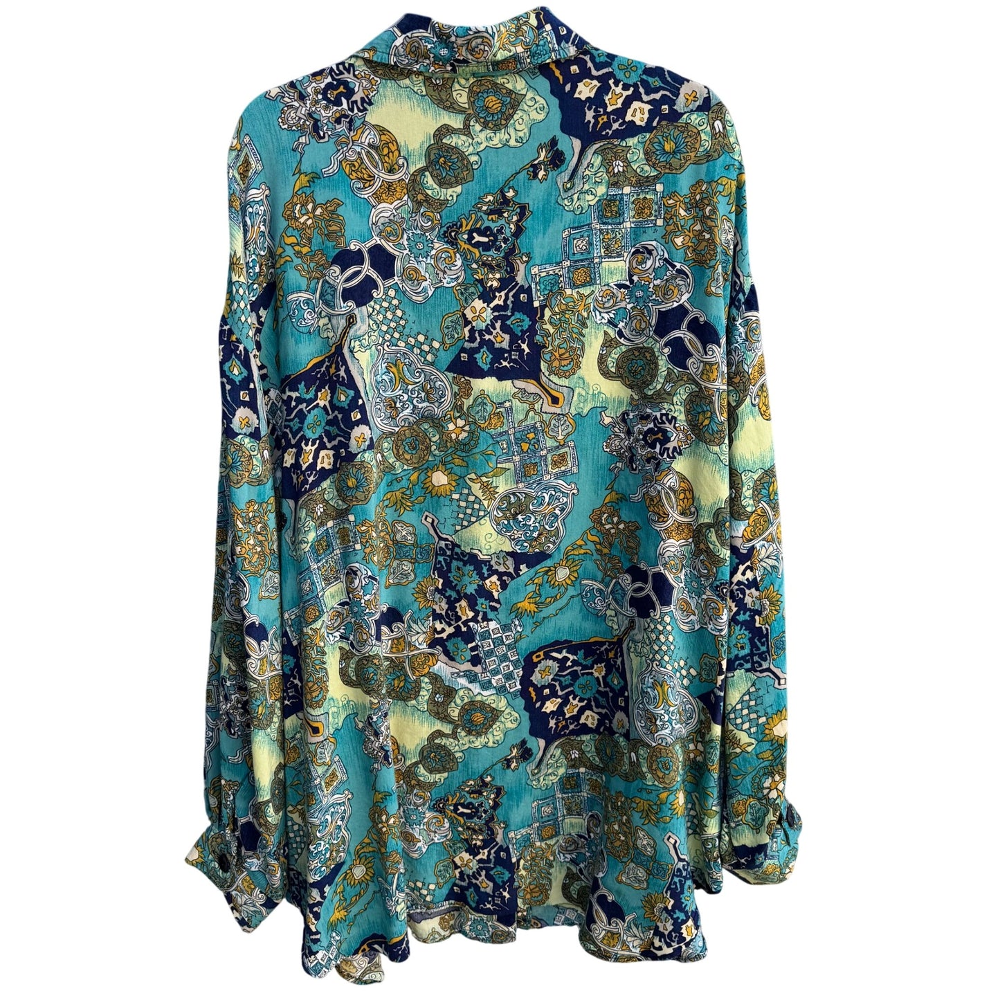 Silhouettes Vintage Long Sleeve Blue Green Paisley Boho Button-Up Shirt Blouse