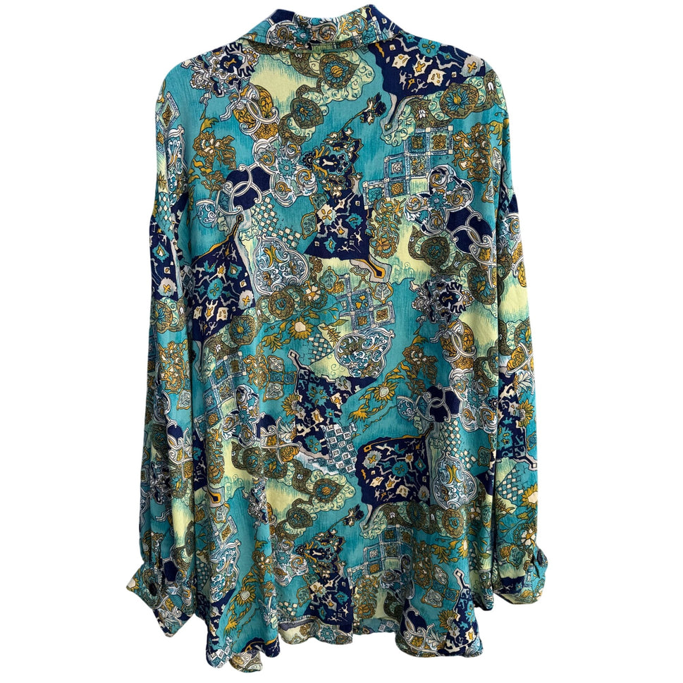 Silhouettes Vintage Long Sleeve Blue Green Paisley Boho Button-Up Shirt Blouse