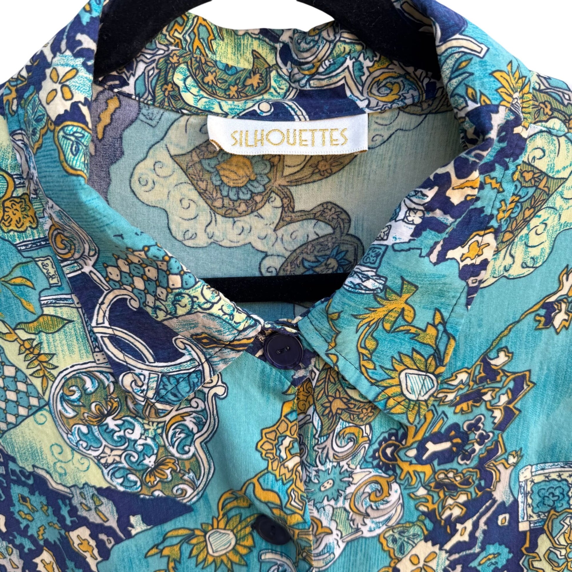 Silhouettes Vintage Long Sleeve Blue Green Paisley Boho Button-Up Shirt Blouse