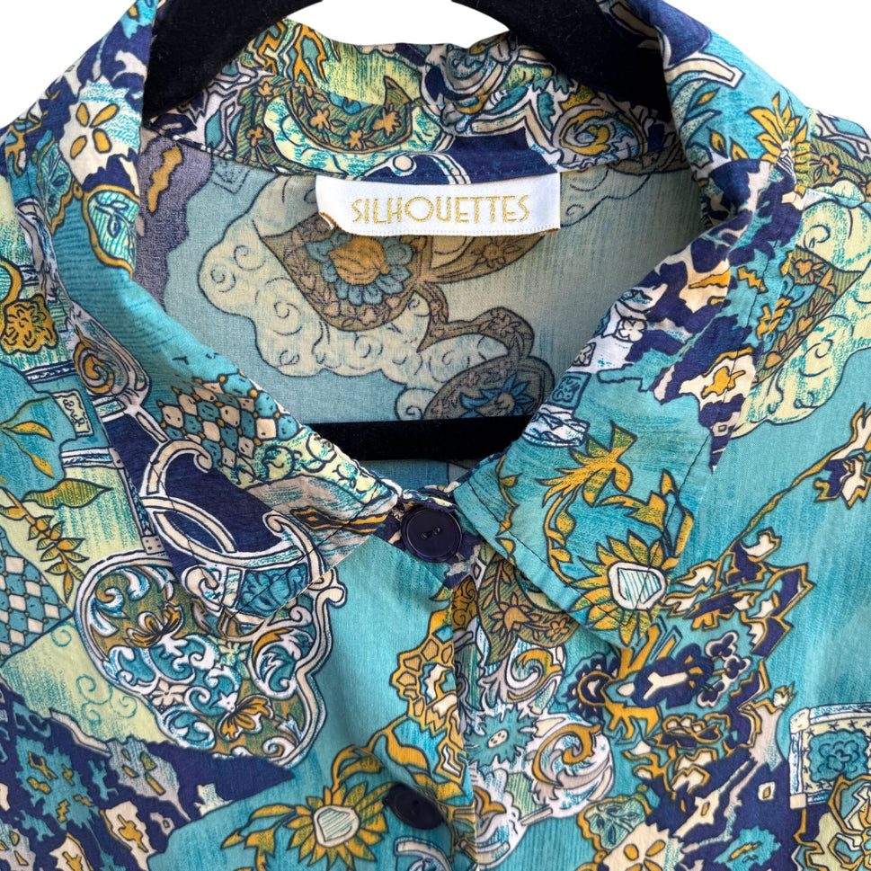 Silhouettes Vintage Long Sleeve Blue Green Paisley Boho Button-Up Shirt Blouse