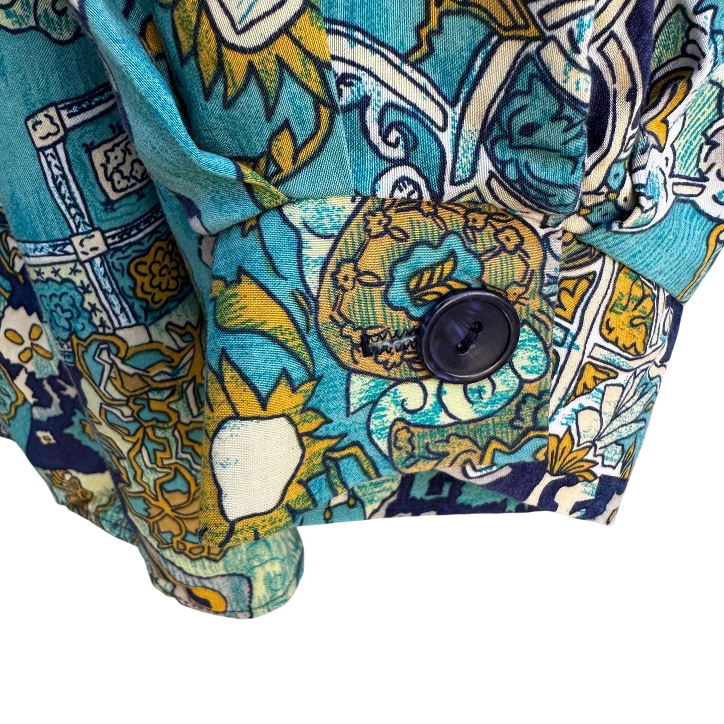 Silhouettes Vintage Long Sleeve Blue Green Paisley Boho Button-Up Shirt Blouse