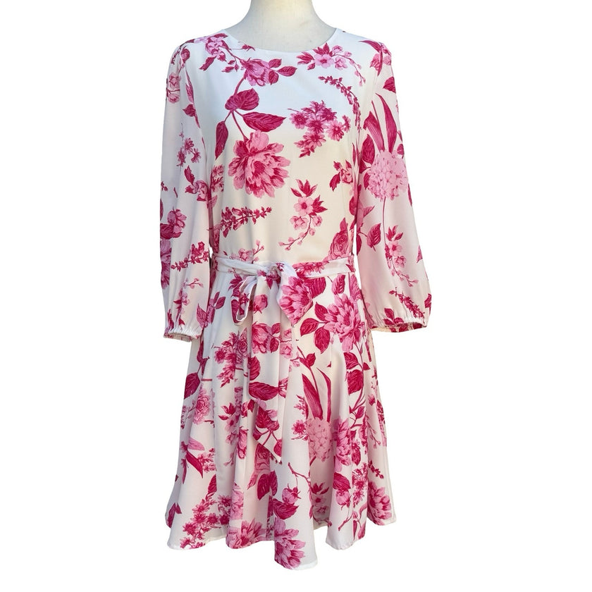 Sugarlips Pink Floral Long Balloon Sleeve Mini Dress White Tie Waist NWT Size M