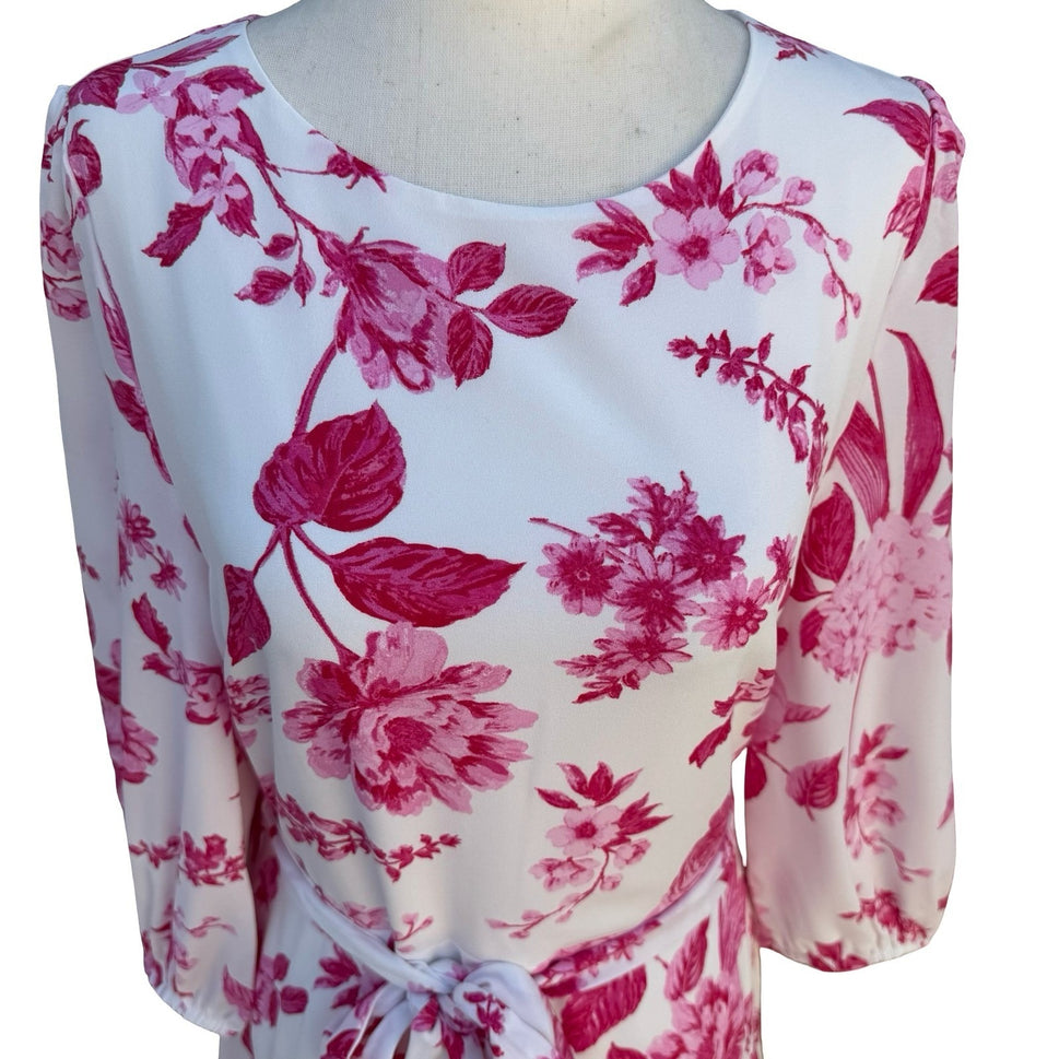Sugarlips Pink Floral Long Balloon Sleeve Mini Dress White Tie Waist NWT Size M