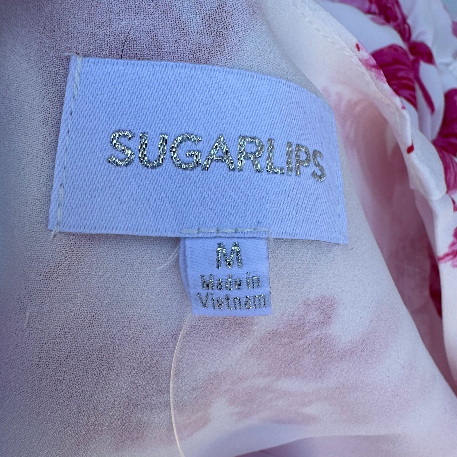 Sugarlips Pink Floral Long Balloon Sleeve Mini Dress White Tie Waist NWT Size M