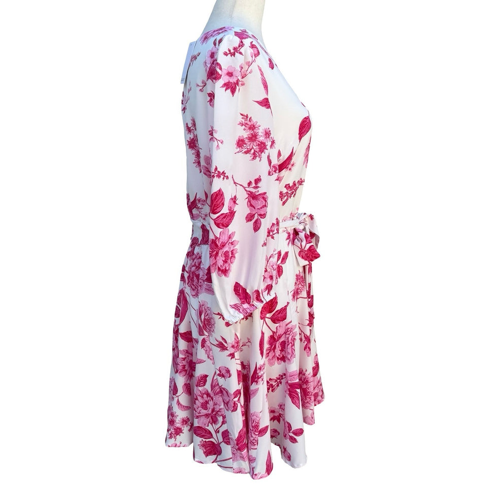 Sugarlips Pink Floral Long Balloon Sleeve Mini Dress White Tie Waist NWT Size M