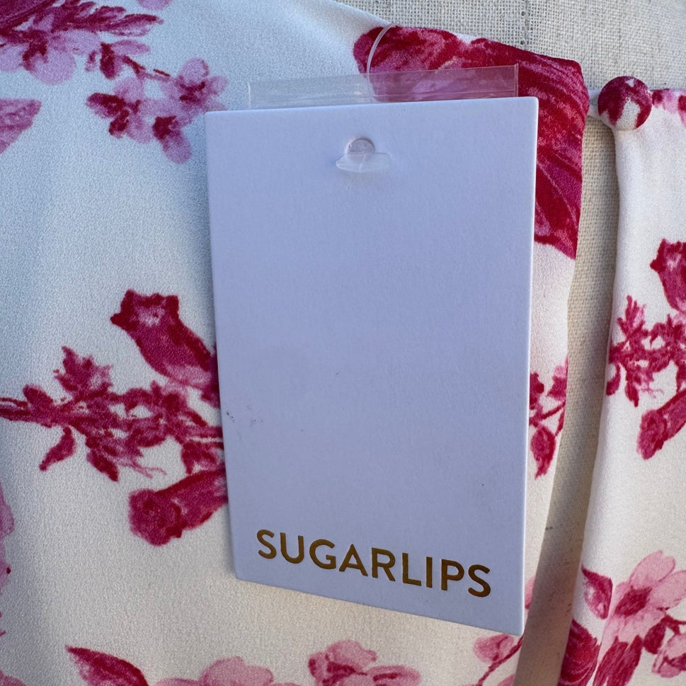 Sugarlips Pink Floral Long Balloon Sleeve Mini Dress White Tie Waist NWT Size M