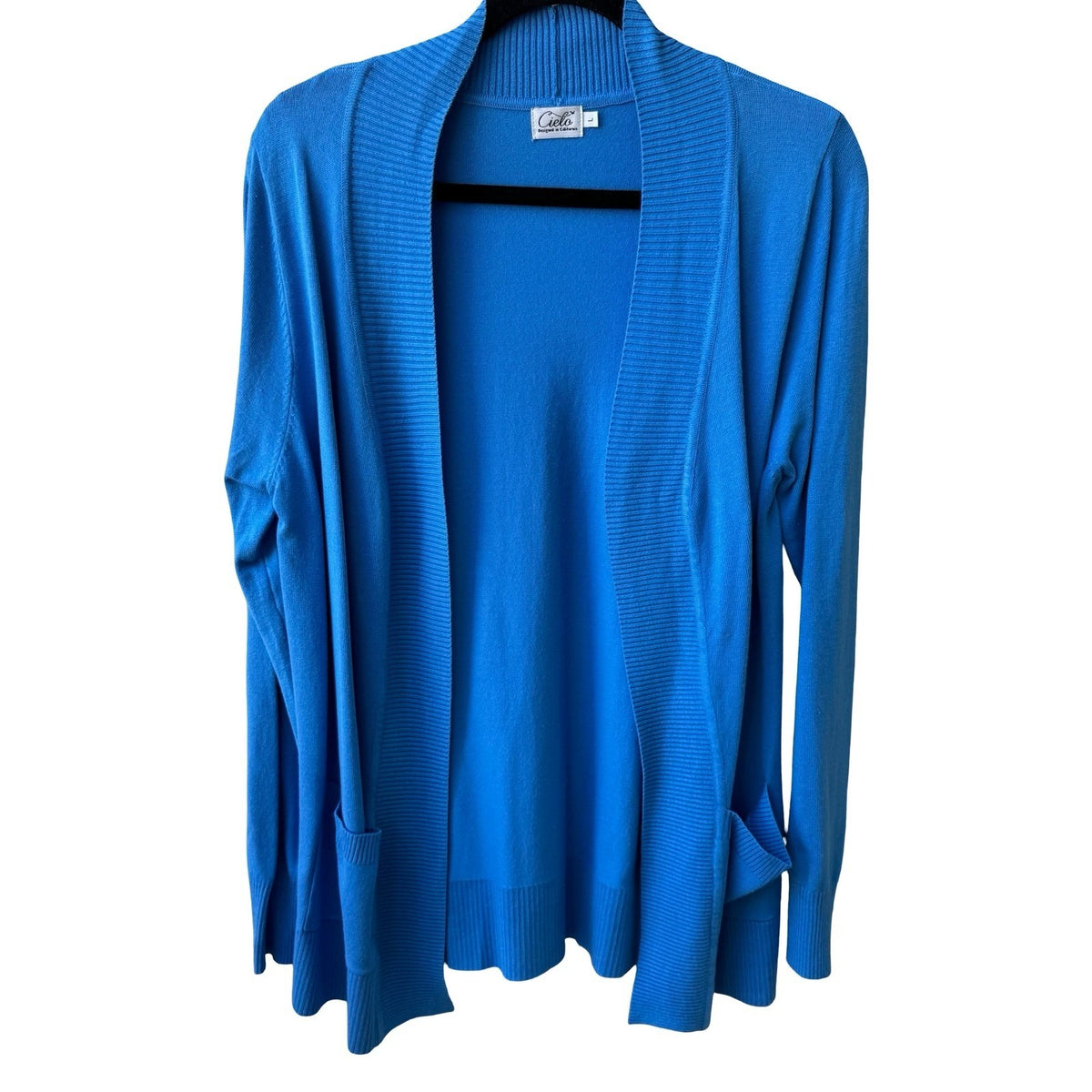 Cielo Coastal Layering Minimalist Ribbed Trim Open Front Pocket Cardigan Blue L