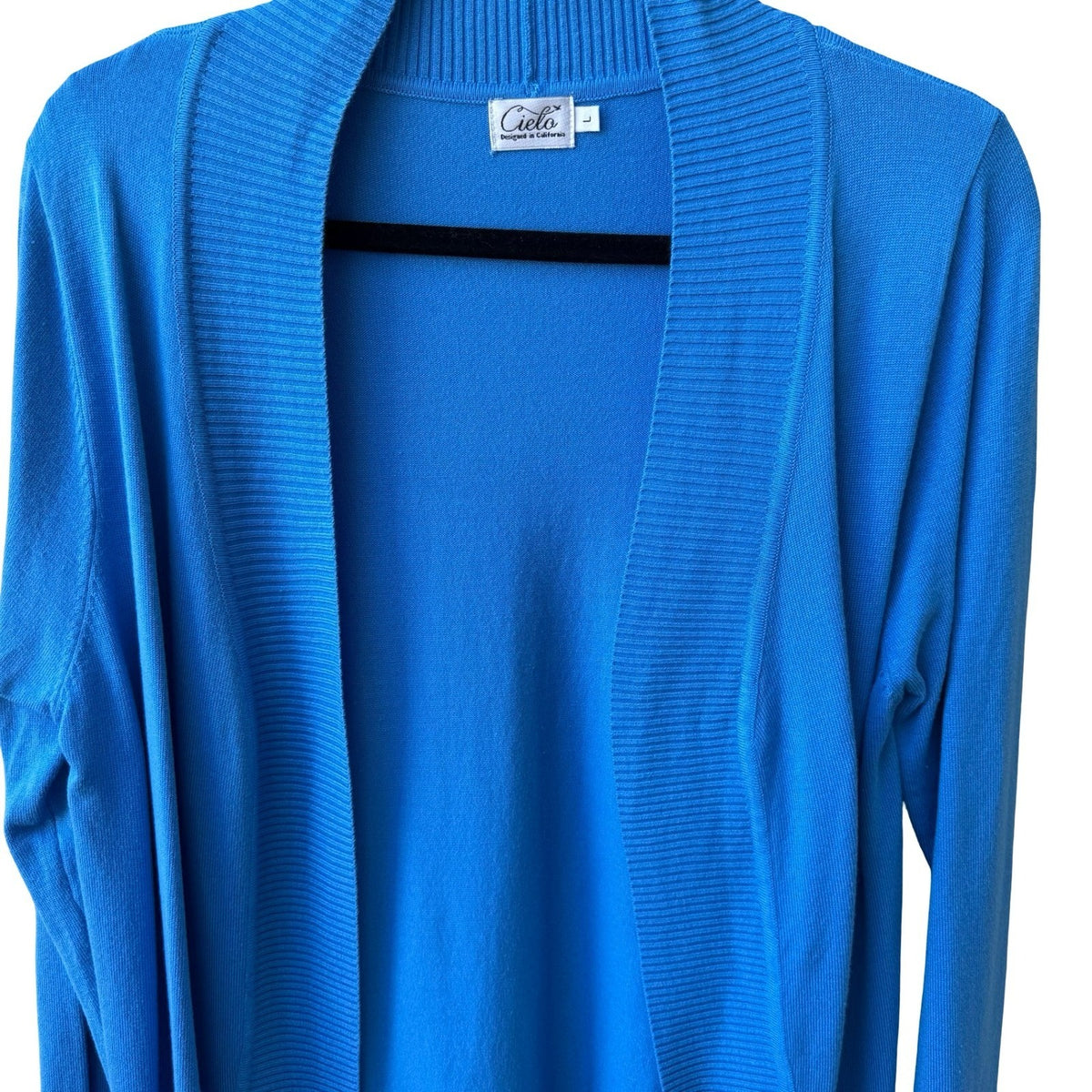 Cielo Coastal Layering Minimalist Ribbed Trim Open Front Pocket Cardigan Blue L