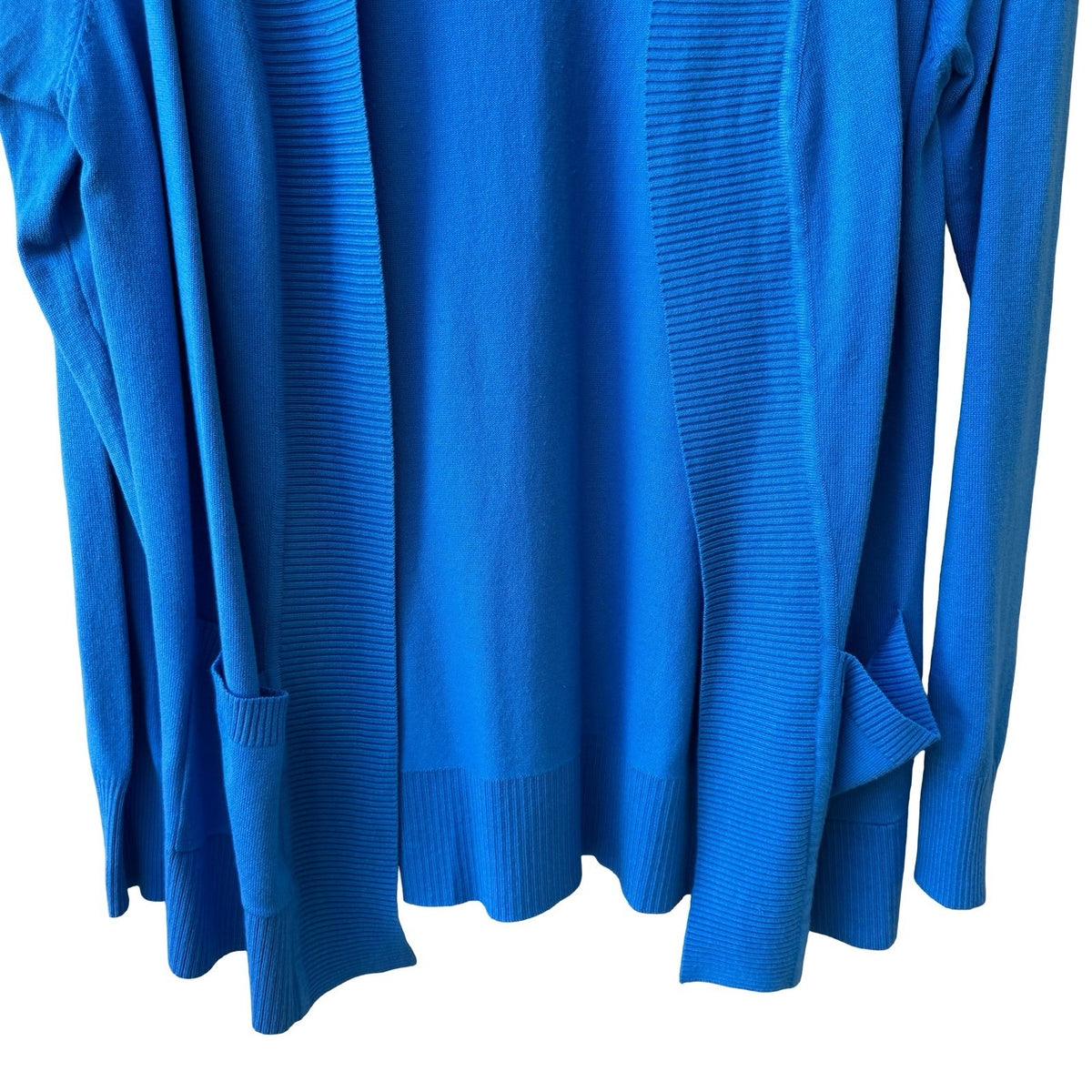 Cielo Coastal Layering Minimalist Ribbed Trim Open Front Pocket Cardigan Blue L
