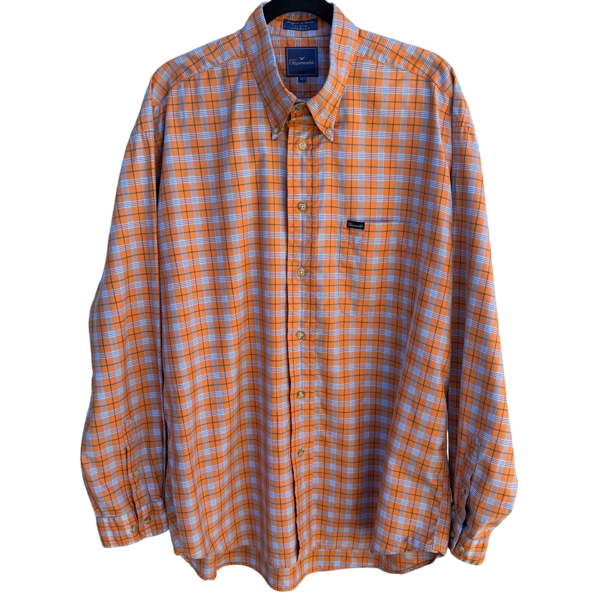 Faconnable Mens Orange Check Plaid Button Up Cotton USA Made Long Sleeve Shirt
