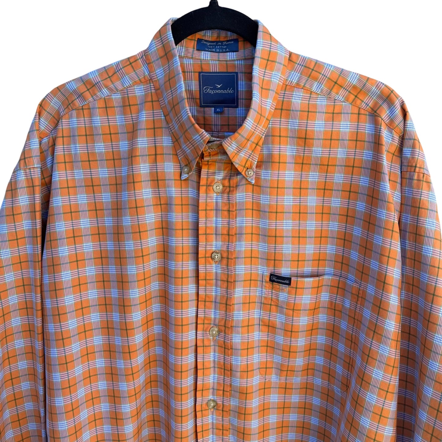 Faconnable Mens Orange Check Plaid Button Up Cotton USA Made Long Sleeve Shirt