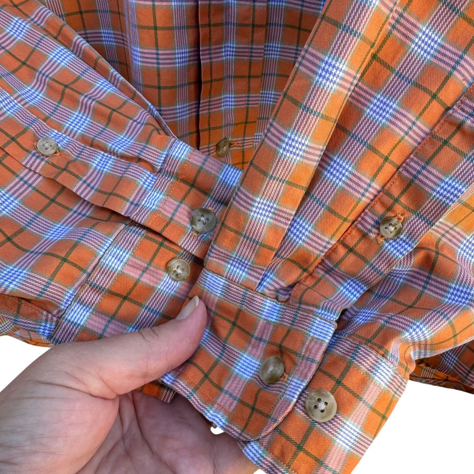 Faconnable Mens Orange Check Plaid Button Up Cotton USA Made Long Sleeve Shirt