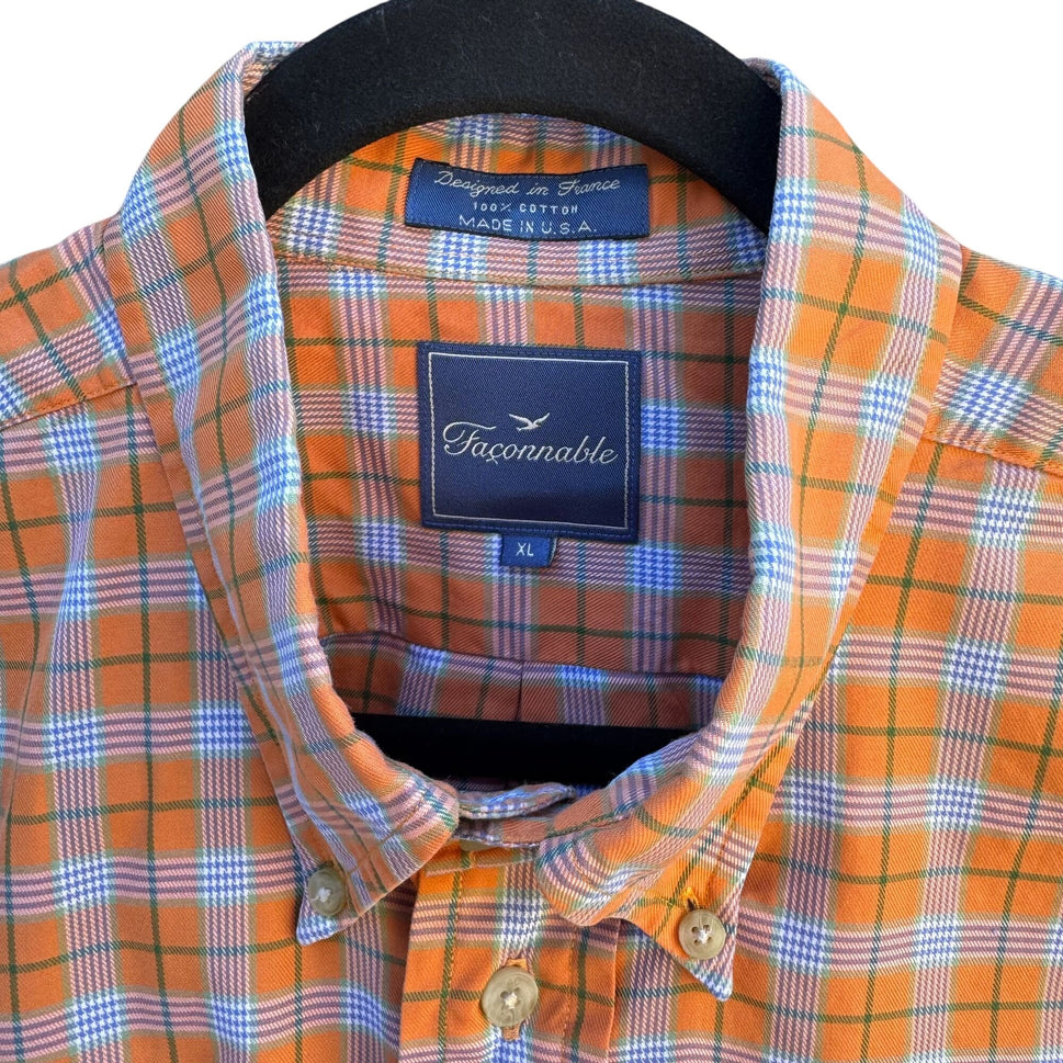 Faconnable Mens Orange Check Plaid Button Up Cotton USA Made Long Sleeve Shirt