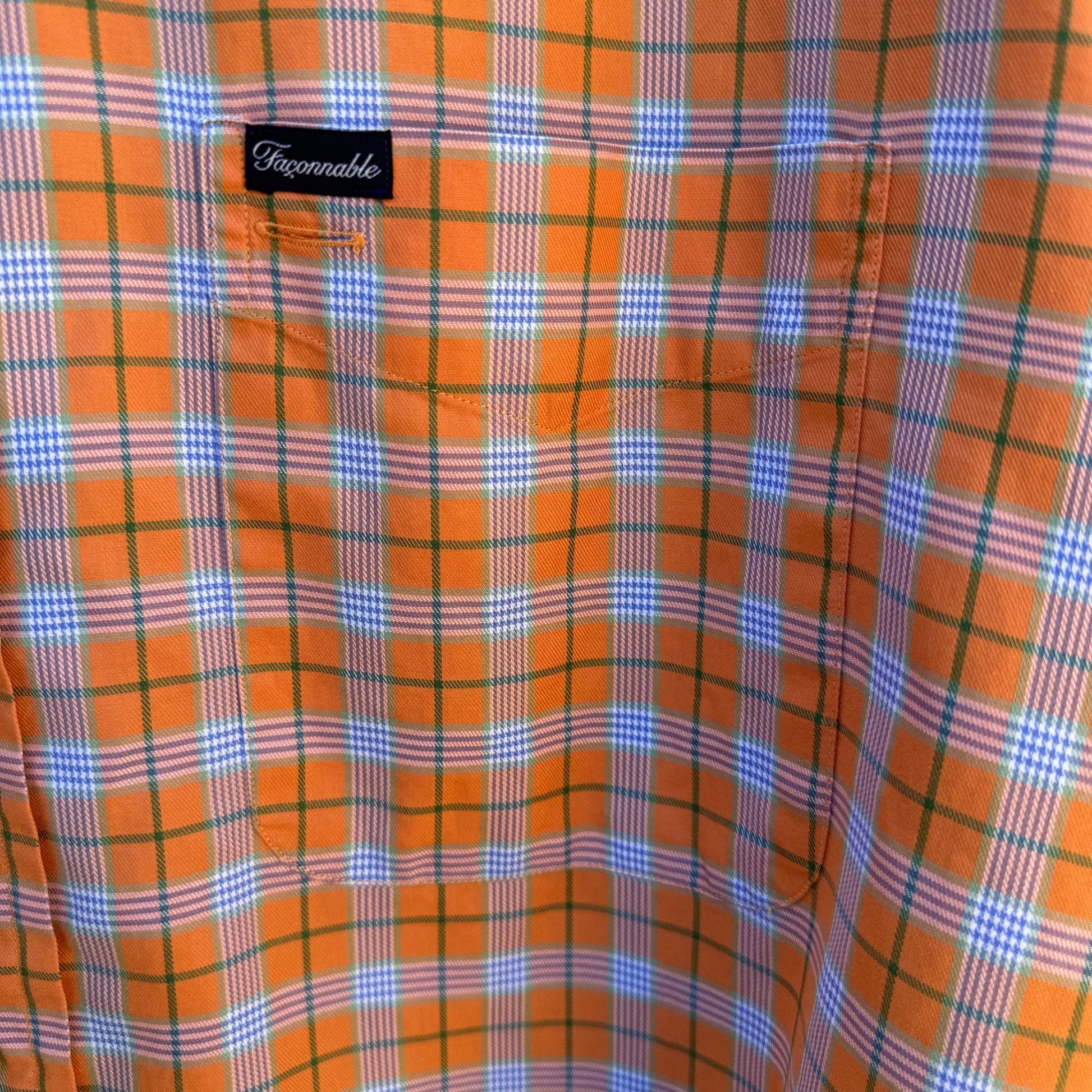Faconnable Mens Orange Check Plaid Button Up Cotton USA Made Long Sleeve Shirt