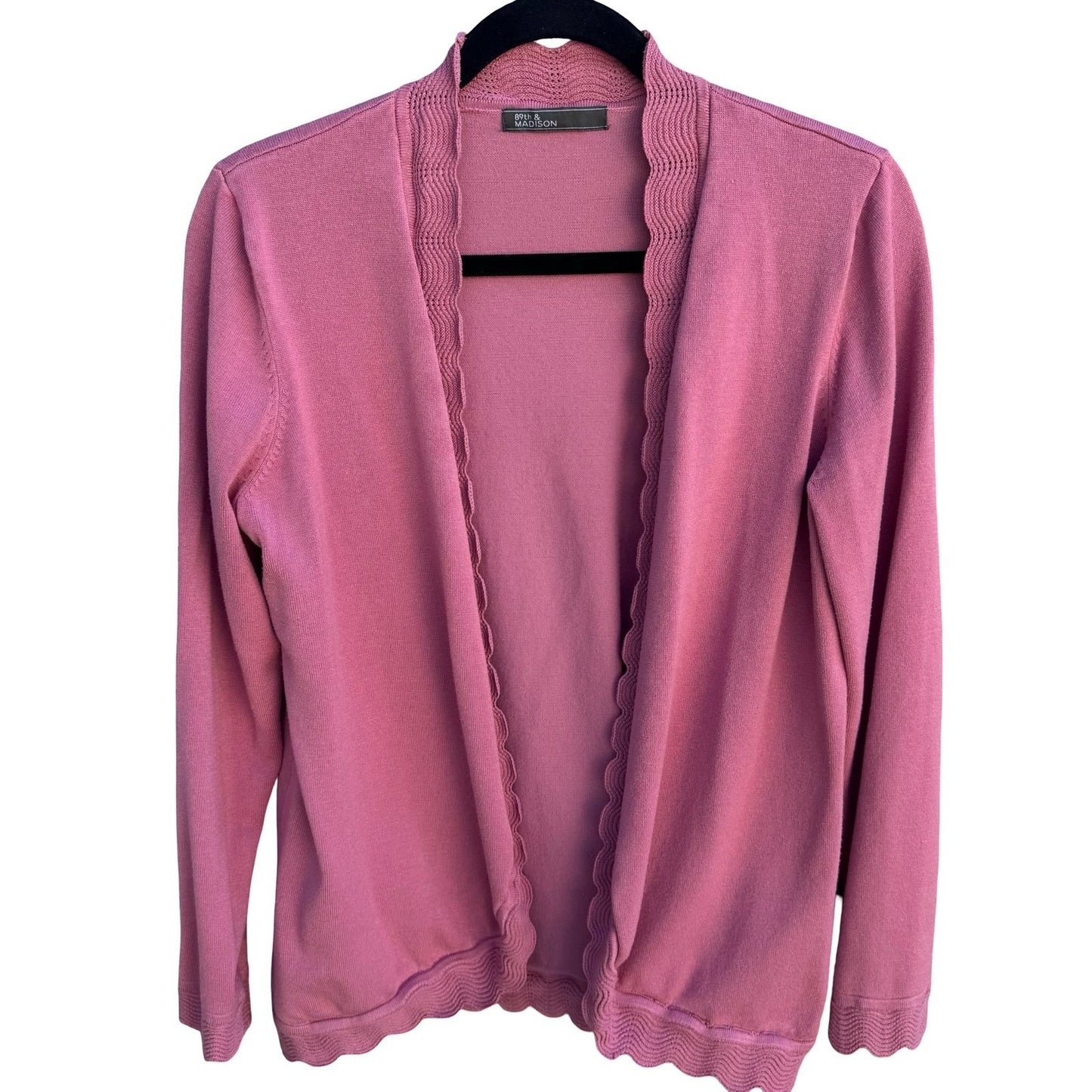 89th & Madison Pink Open Front Cardigan Scalloped Trim Knit Sweater Coquette
