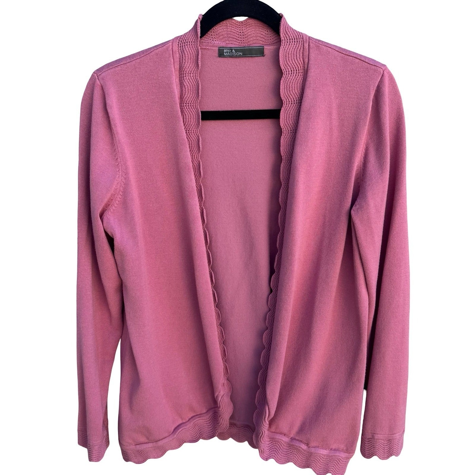 89th & Madison Pink Open Front Cardigan Scalloped Trim Knit Sweater Coquette