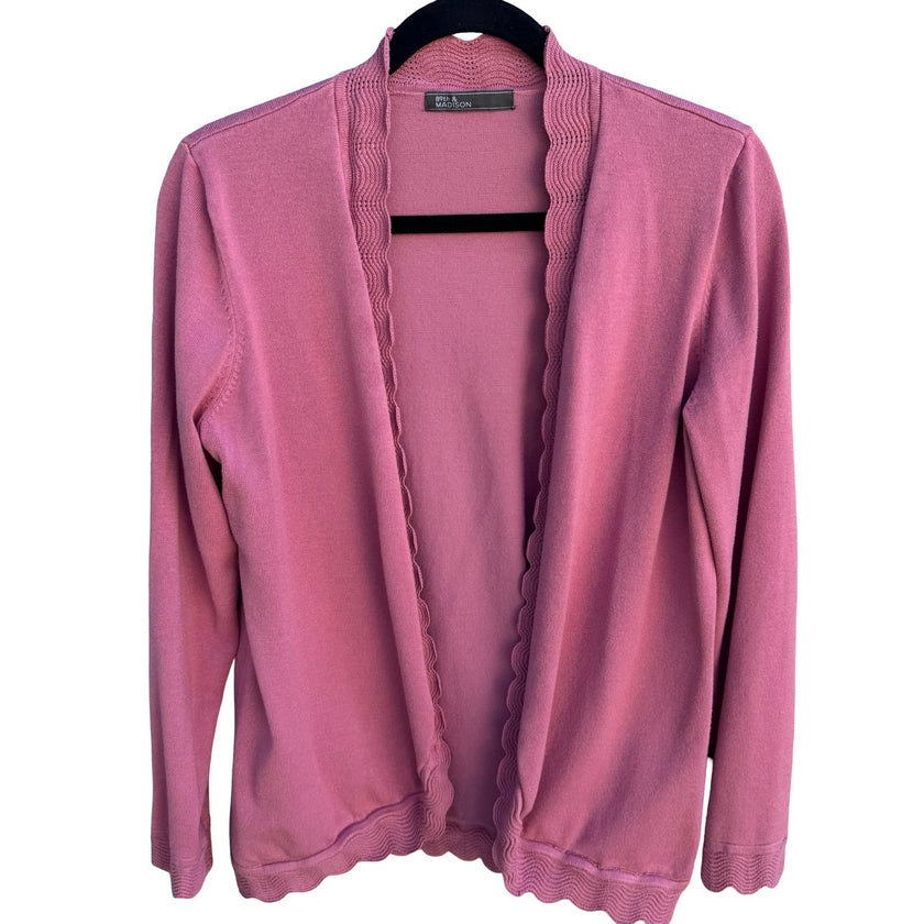 89th & Madison Pink Open Front Cardigan Scalloped Trim Knit Sweater Coquette