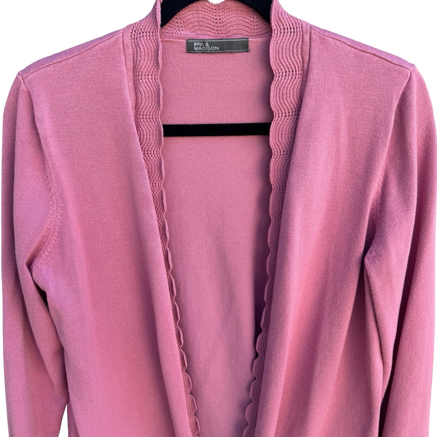 89th & Madison Pink Open Front Cardigan Scalloped Trim Knit Sweater Coquette