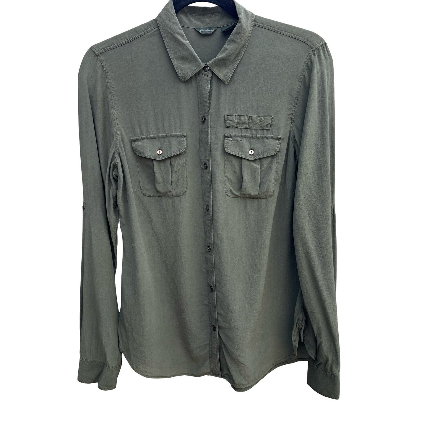 Eddie Bauer 100% Silk Quiet Luxury Utility Shirt Earthy Green Roll Tab Sleeve M