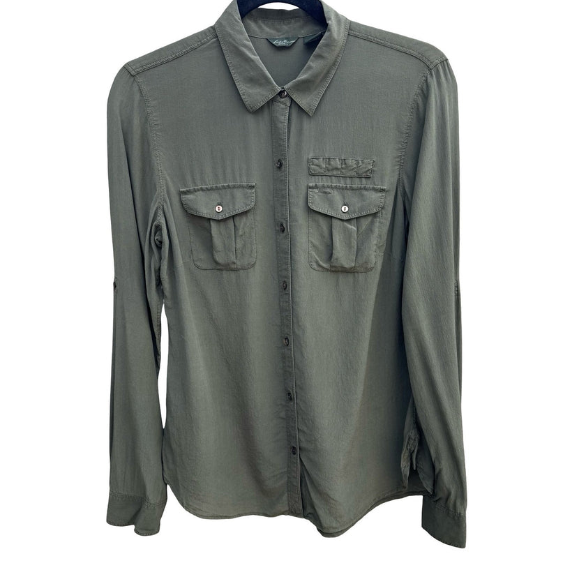 Eddie Bauer 100% Silk Quiet Luxury Utility Shirt Earthy Green Roll Tab Sleeve M