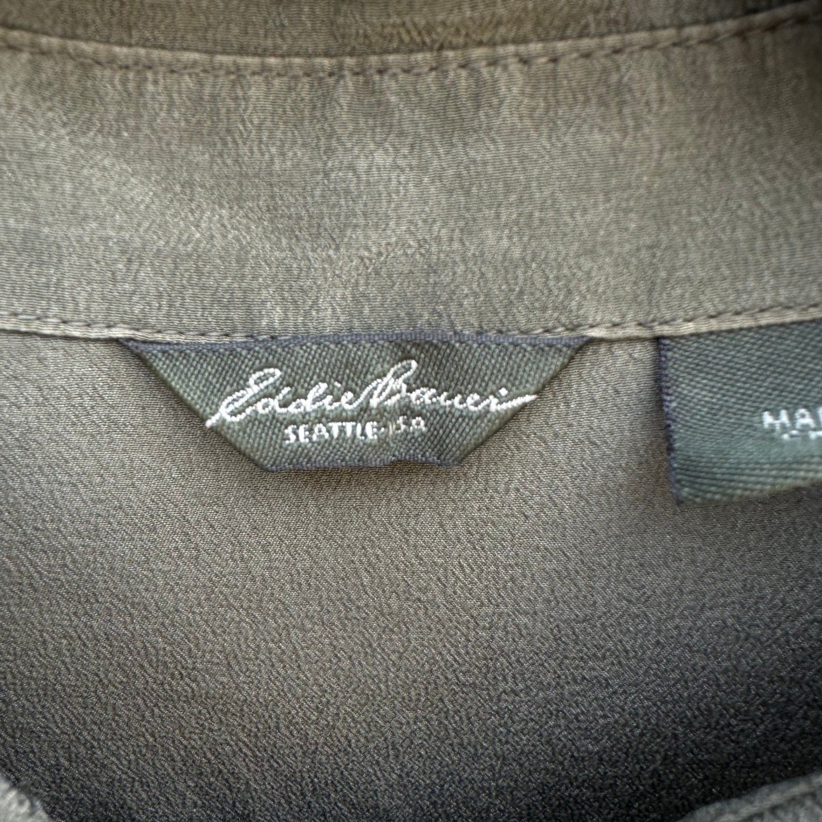 Eddie Bauer 100% Silk Quiet Luxury Utility Shirt Earthy Green Roll Tab Sleeve M