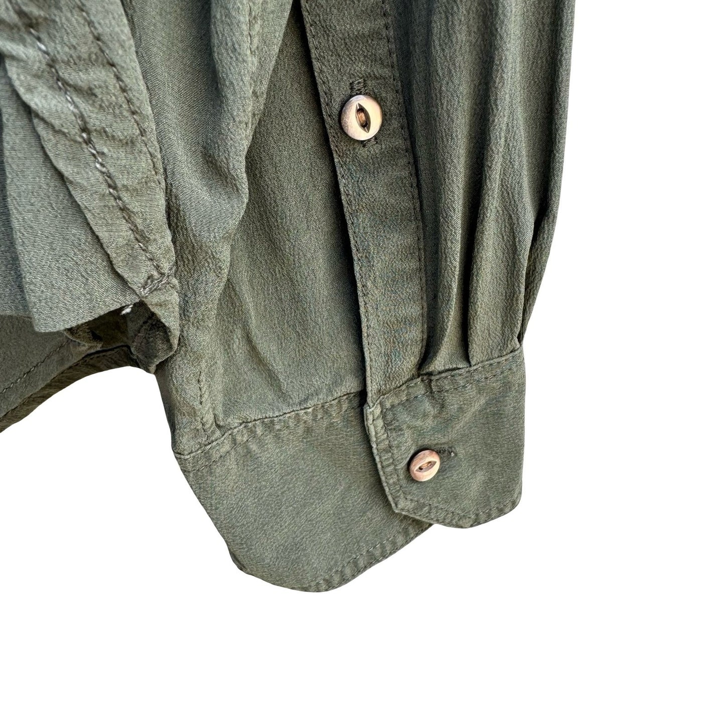 Eddie Bauer 100% Silk Quiet Luxury Utility Shirt Earthy Green Roll Tab Sleeve M