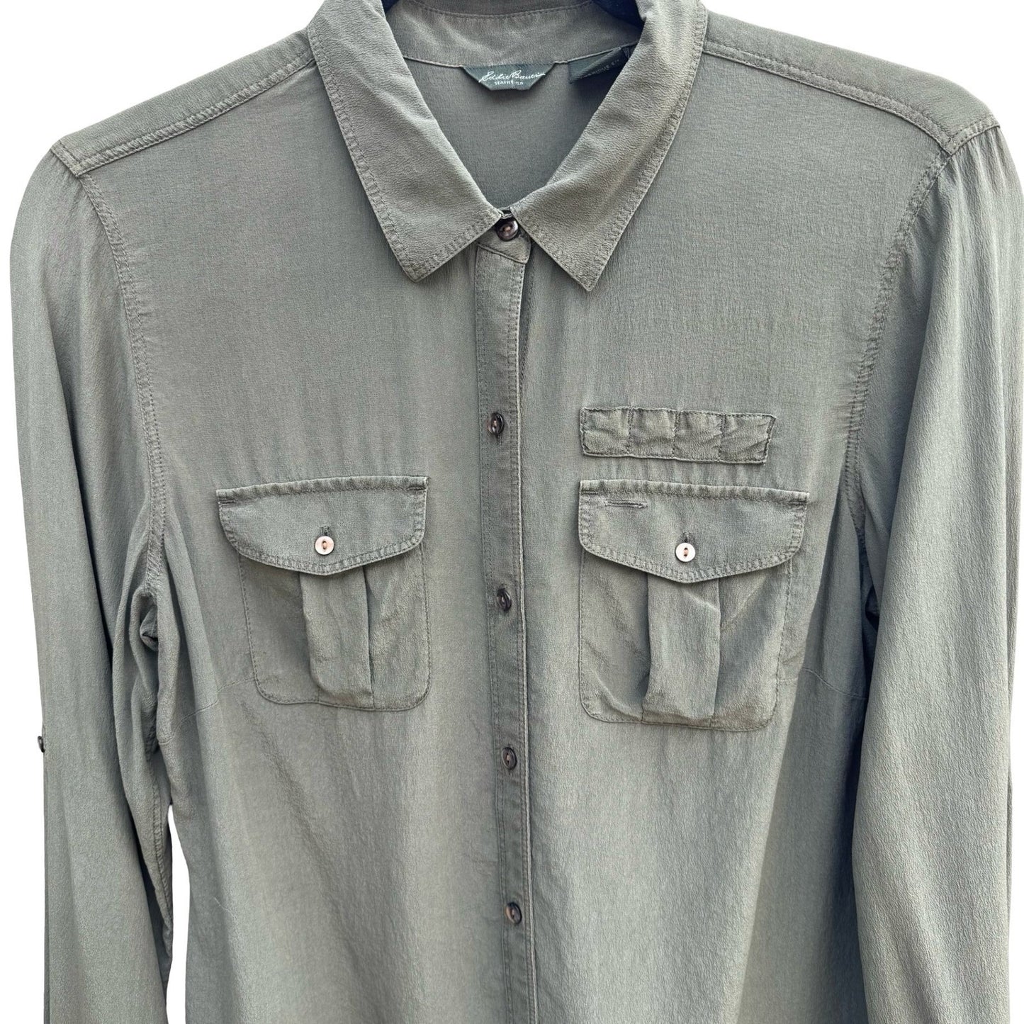 Eddie Bauer 100% Silk Quiet Luxury Utility Shirt Earthy Green Roll Tab Sleeve M