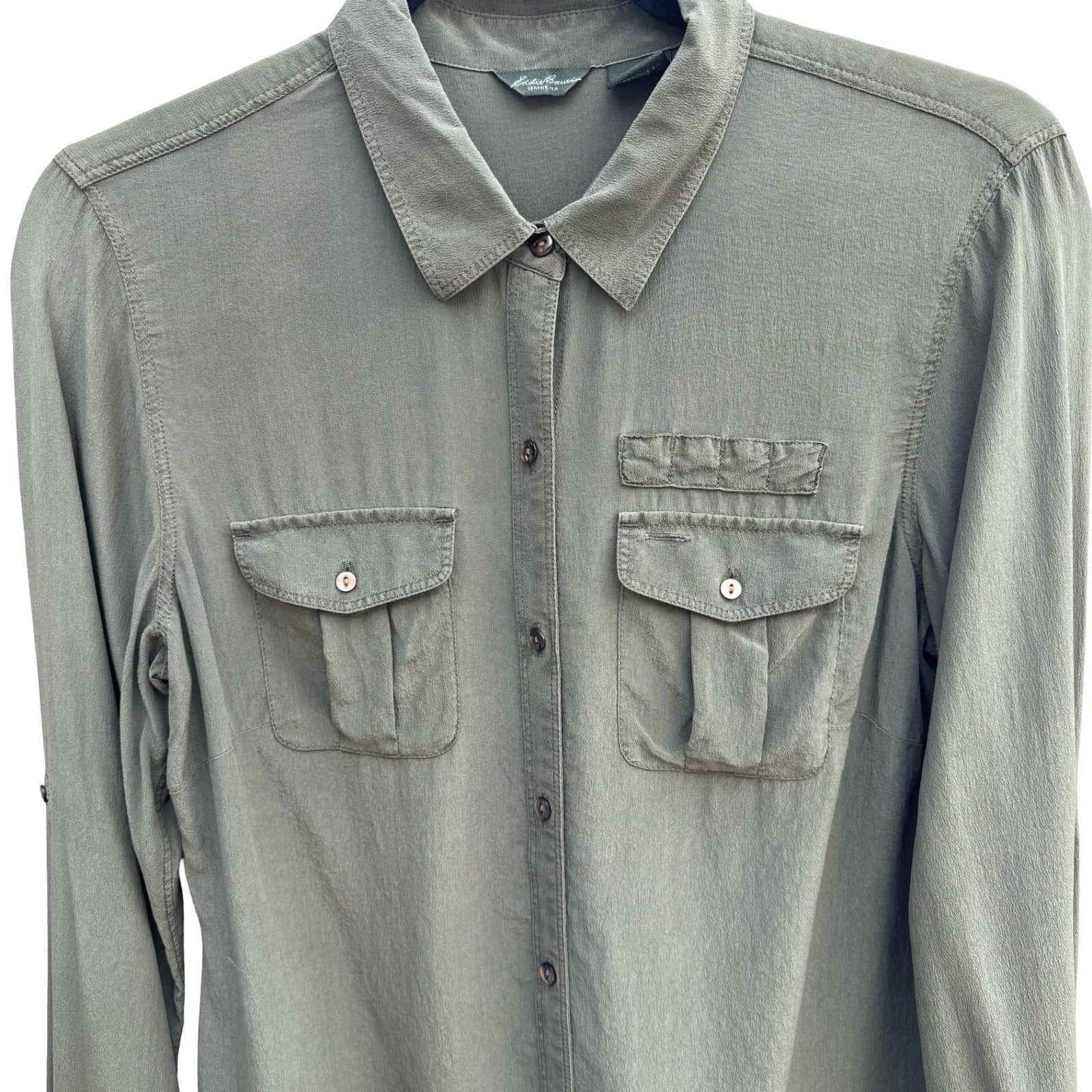 Eddie Bauer 100% Silk Quiet Luxury Utility Shirt Earthy Green Roll Tab Sleeve M
