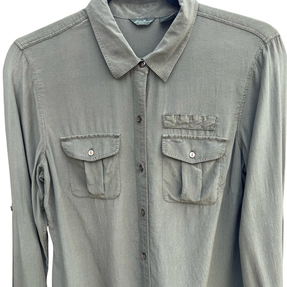 Eddie Bauer 100% Silk Quiet Luxury Utility Shirt Earthy Green Roll Tab Sleeve M