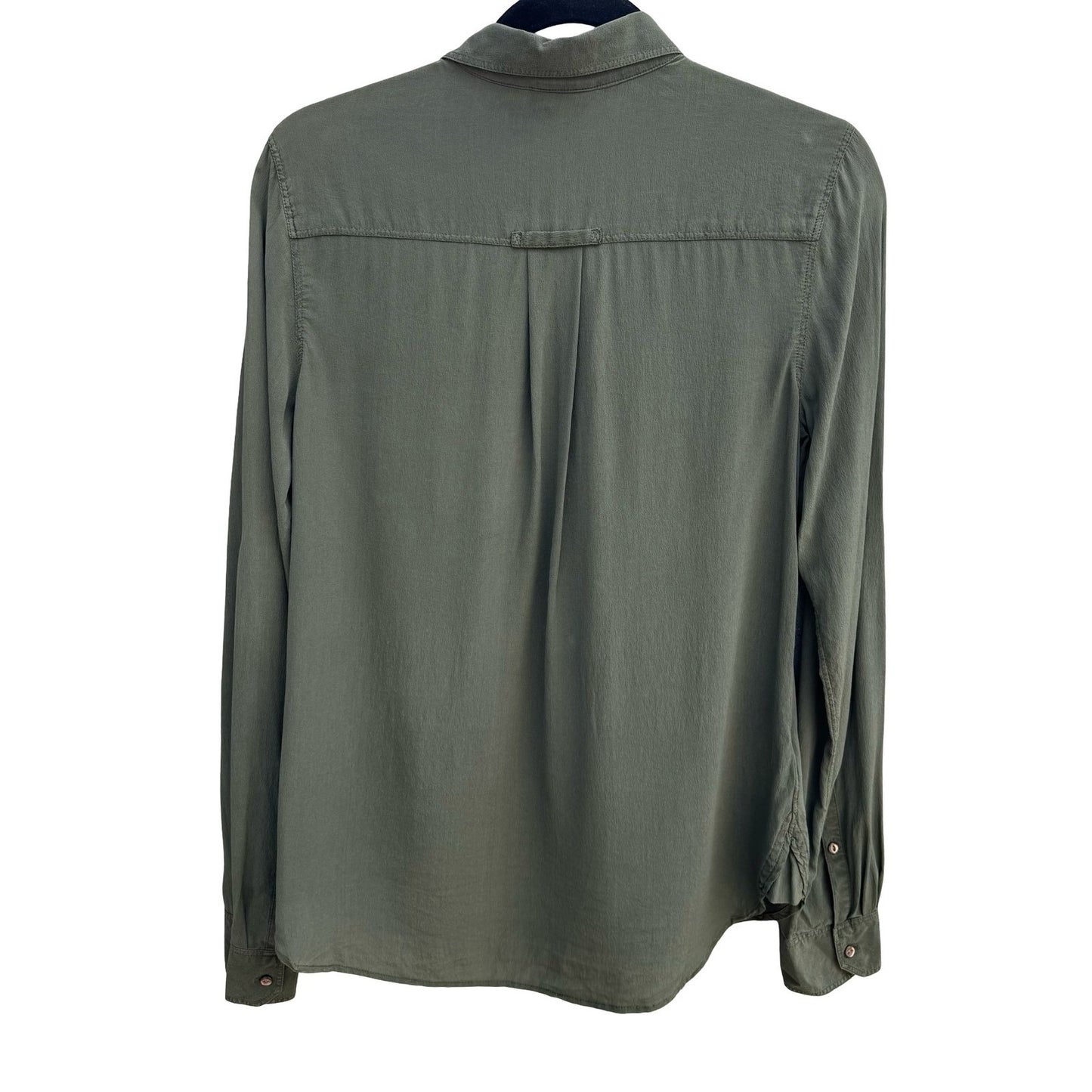 Eddie Bauer 100% Silk Quiet Luxury Utility Shirt Earthy Green Roll Tab Sleeve M