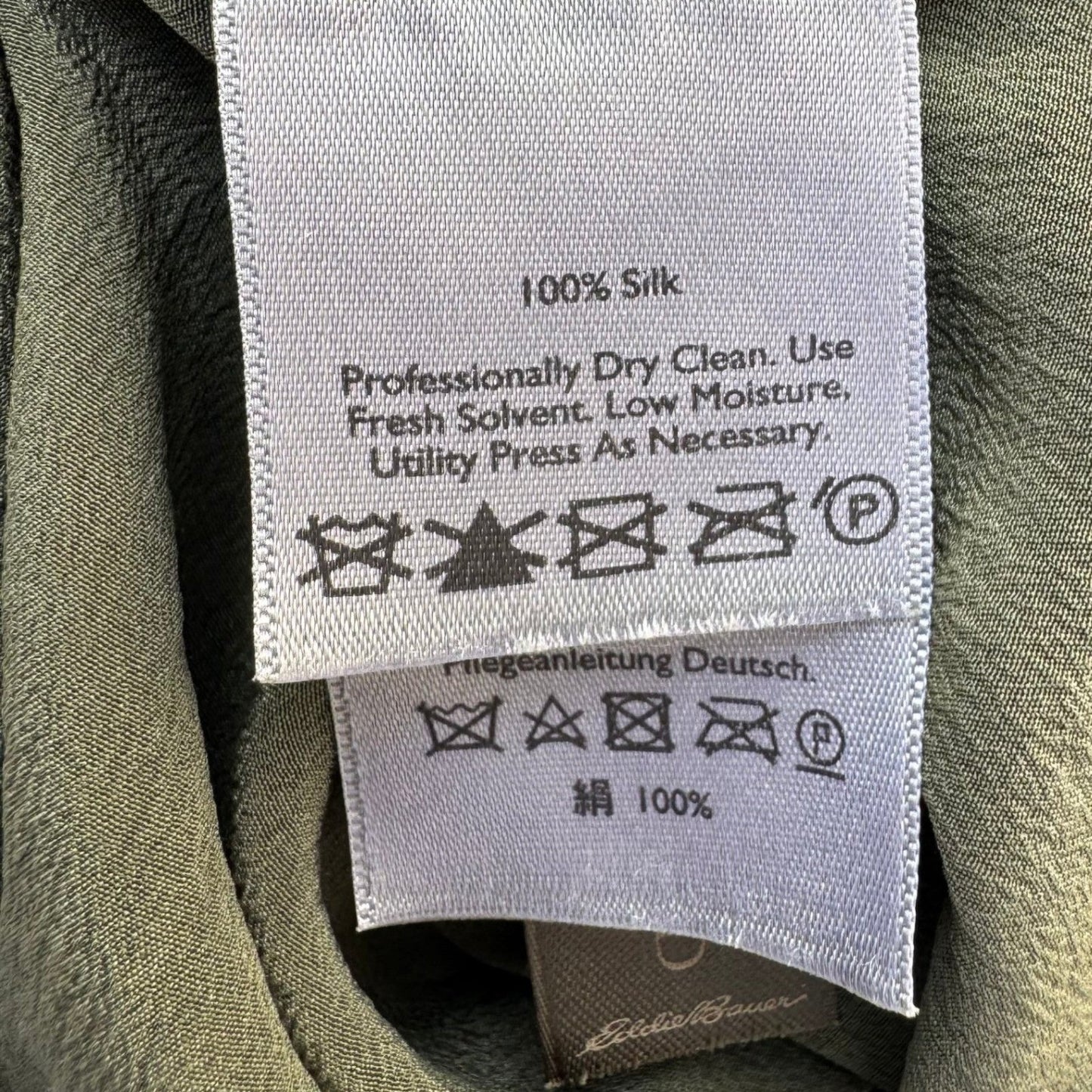 Eddie Bauer 100% Silk Quiet Luxury Utility Shirt Earthy Green Roll Tab Sleeve M