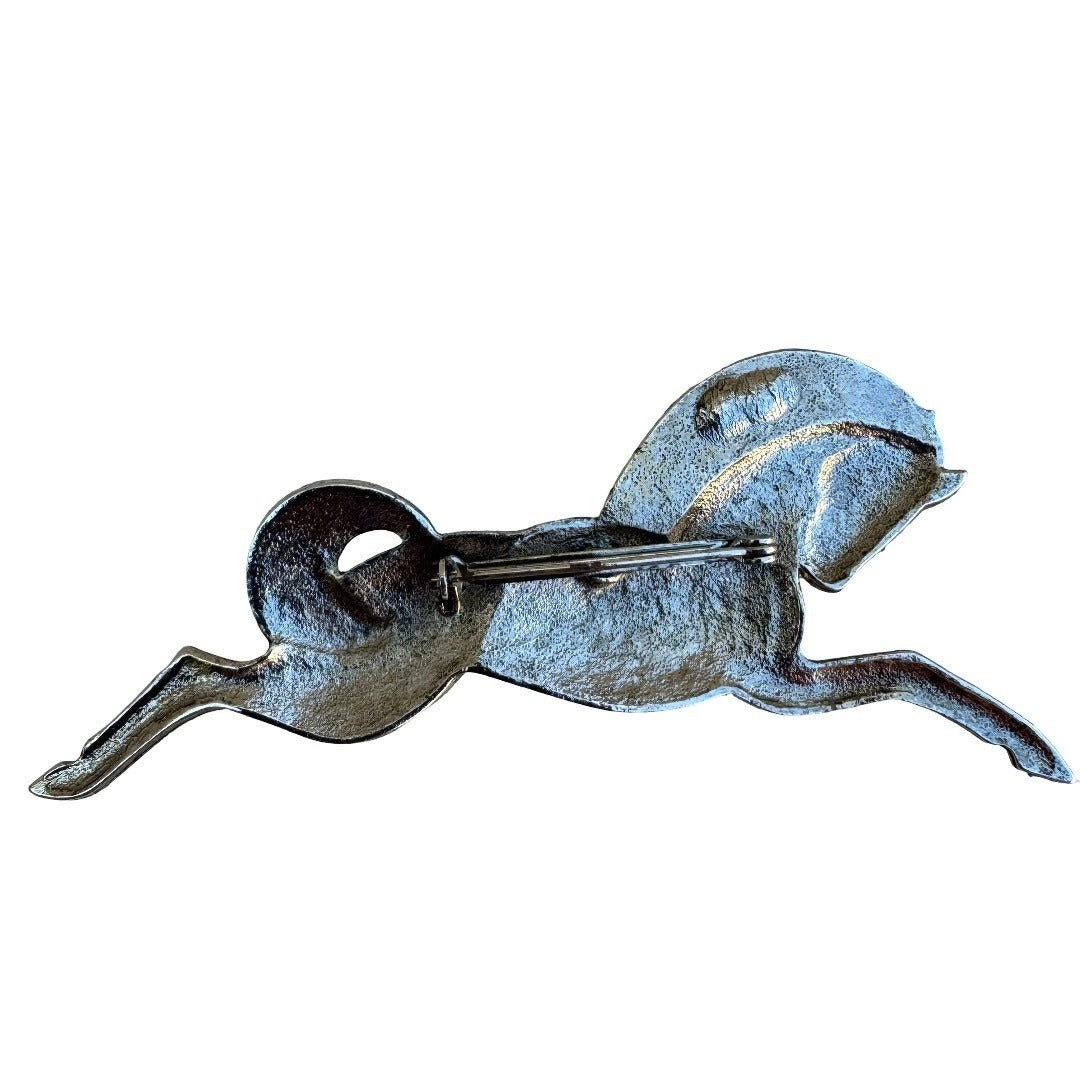 Vintage Silver Tone Galloping Horse Brooch Textured Stallion Equestrian Pin