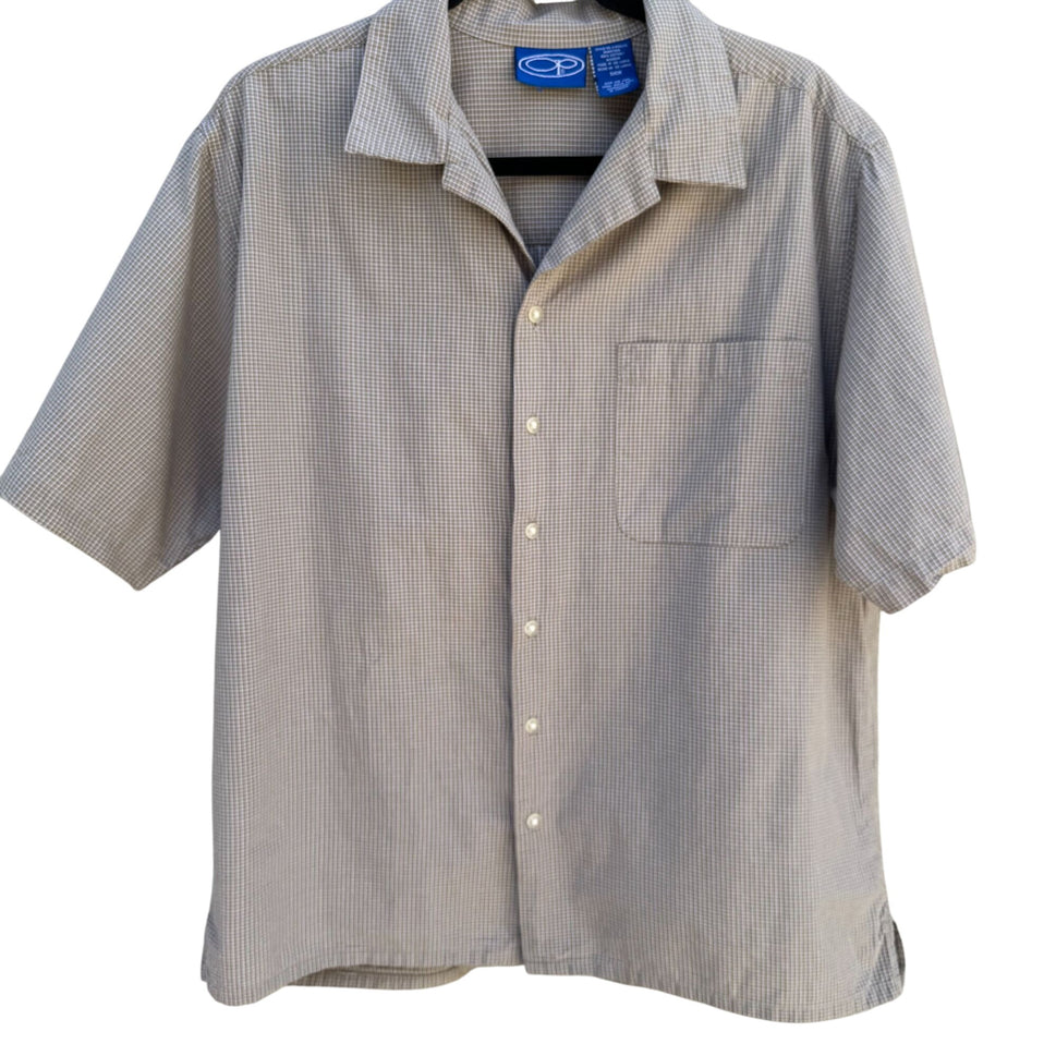 OP Ocean Pacific Mens Beige Checkered Short-Sleeve Button-Up Camp Collar Shirt S