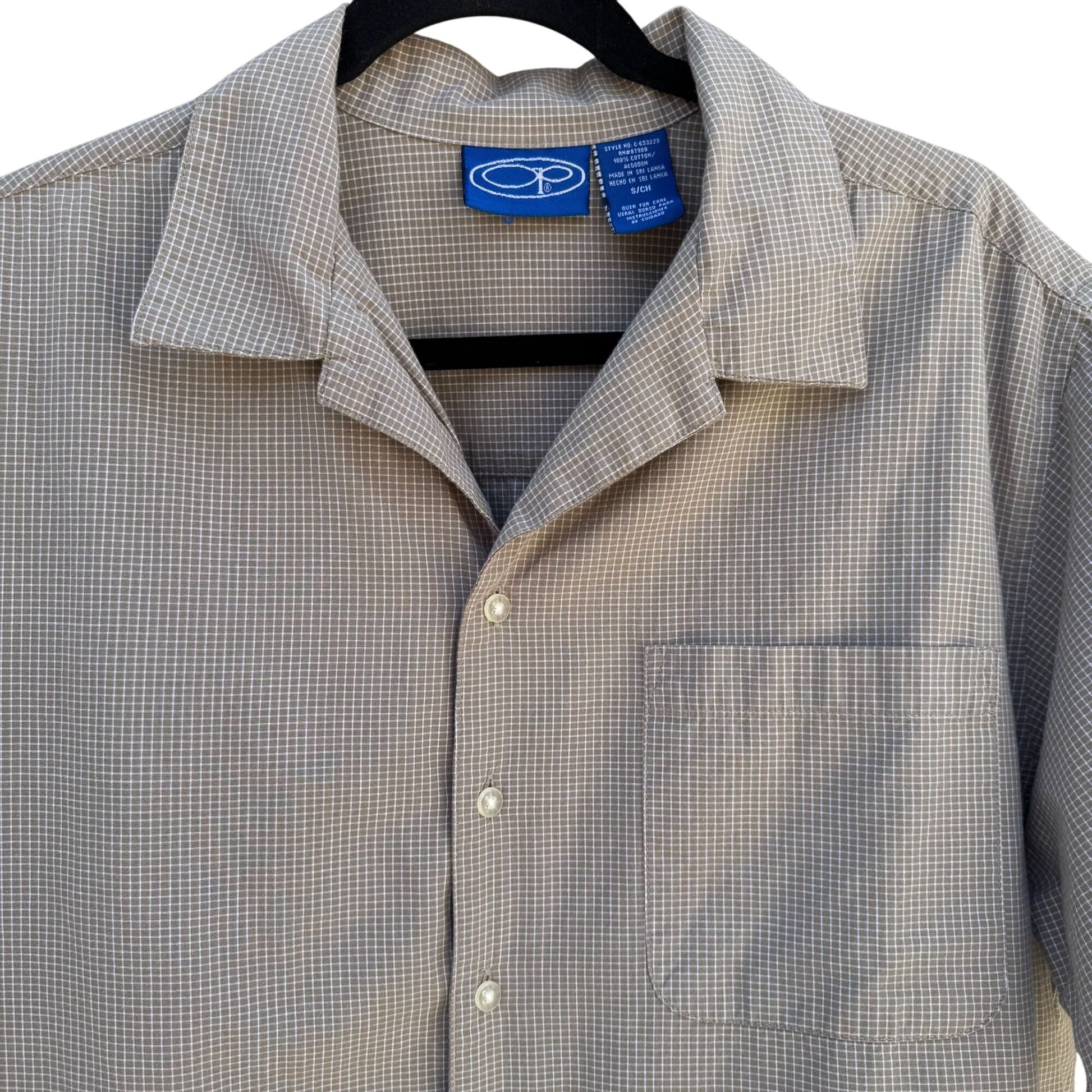 OP Ocean Pacific Mens Beige Checkered Short-Sleeve Button-Up Camp Collar Shirt S