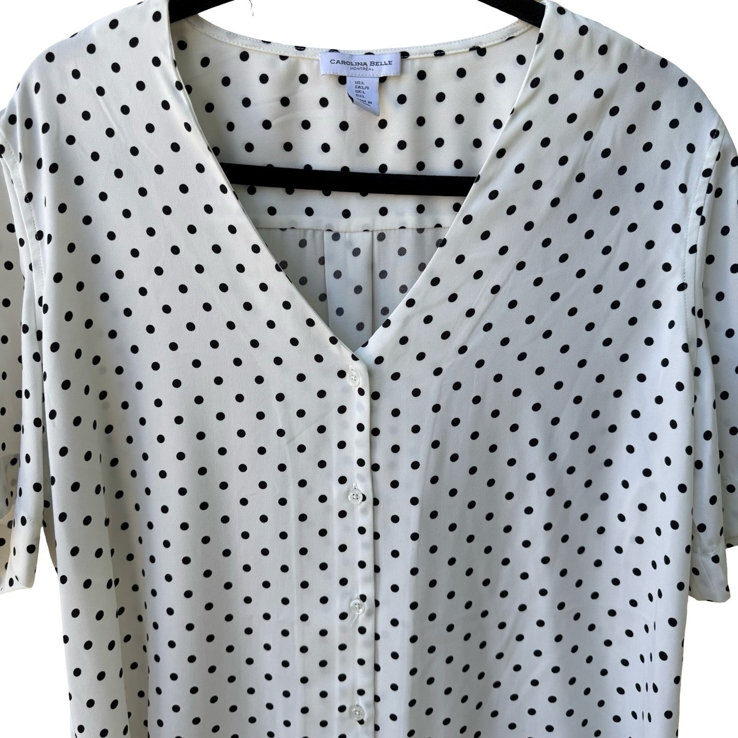 Carolina Belle Parisian Chic Polka Dot Minimalist Professional V-Neck Blouse L
