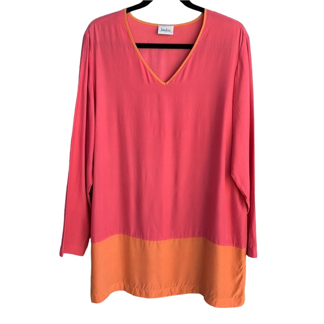 Neiman Marcus Vintage Silk Women's Color Block Long Sleeve V-Neck Blouse Size L