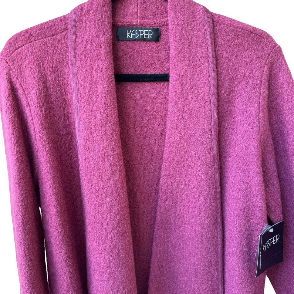 Kasper Wool Fringe Draped Open Front Minimalist Cardigan Woodrose Pink L NEW
