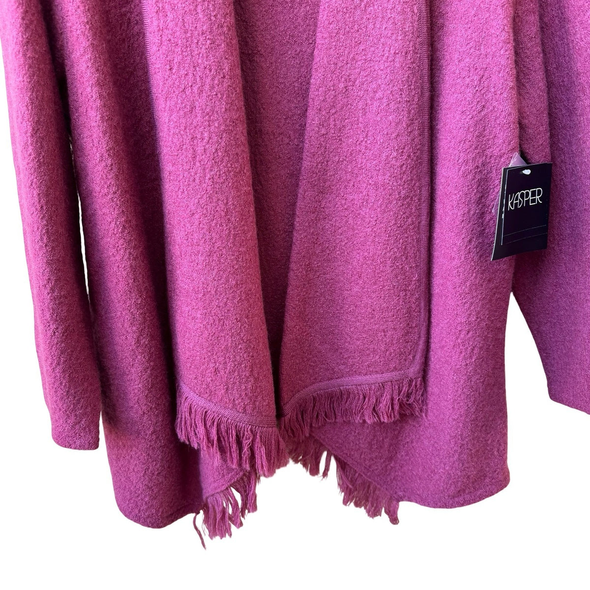 Kasper Wool Fringe Draped Open Front Minimalist Cardigan Woodrose Pink L NEW