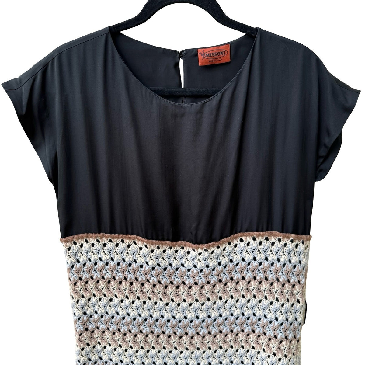 Missoni Italian Luxury Designer Crochet Knit Silk Boho Chic Mini Dress Black L