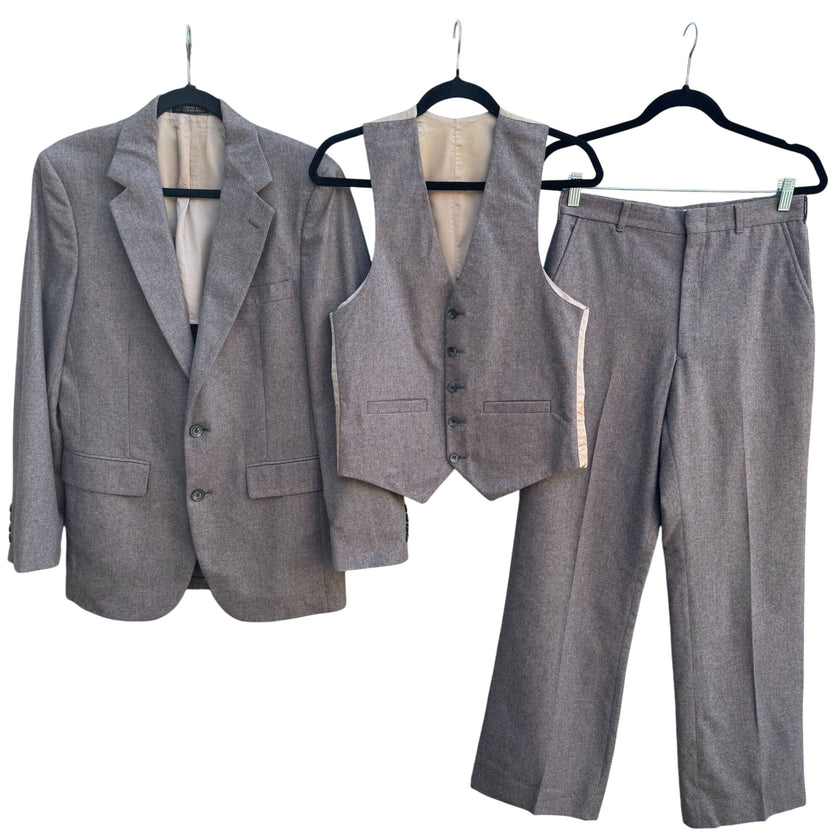 Johnny Carson Vintage Mens 3-Piece Suit Brown Wool Vest Pants Blazer Mod Italian