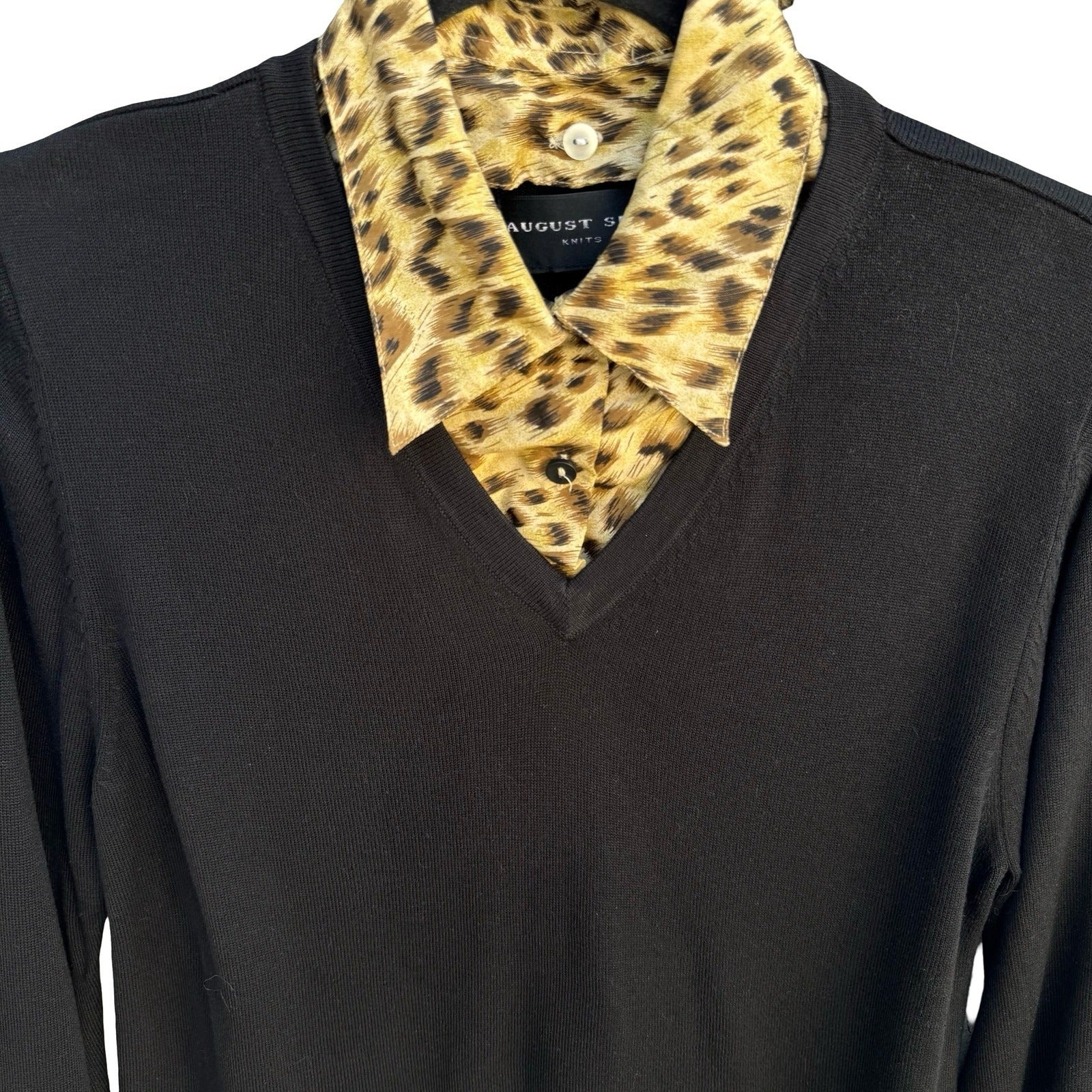 August Silk Knits Womens Black V-Neck Sweater Leopard Collar Layered Look Large
