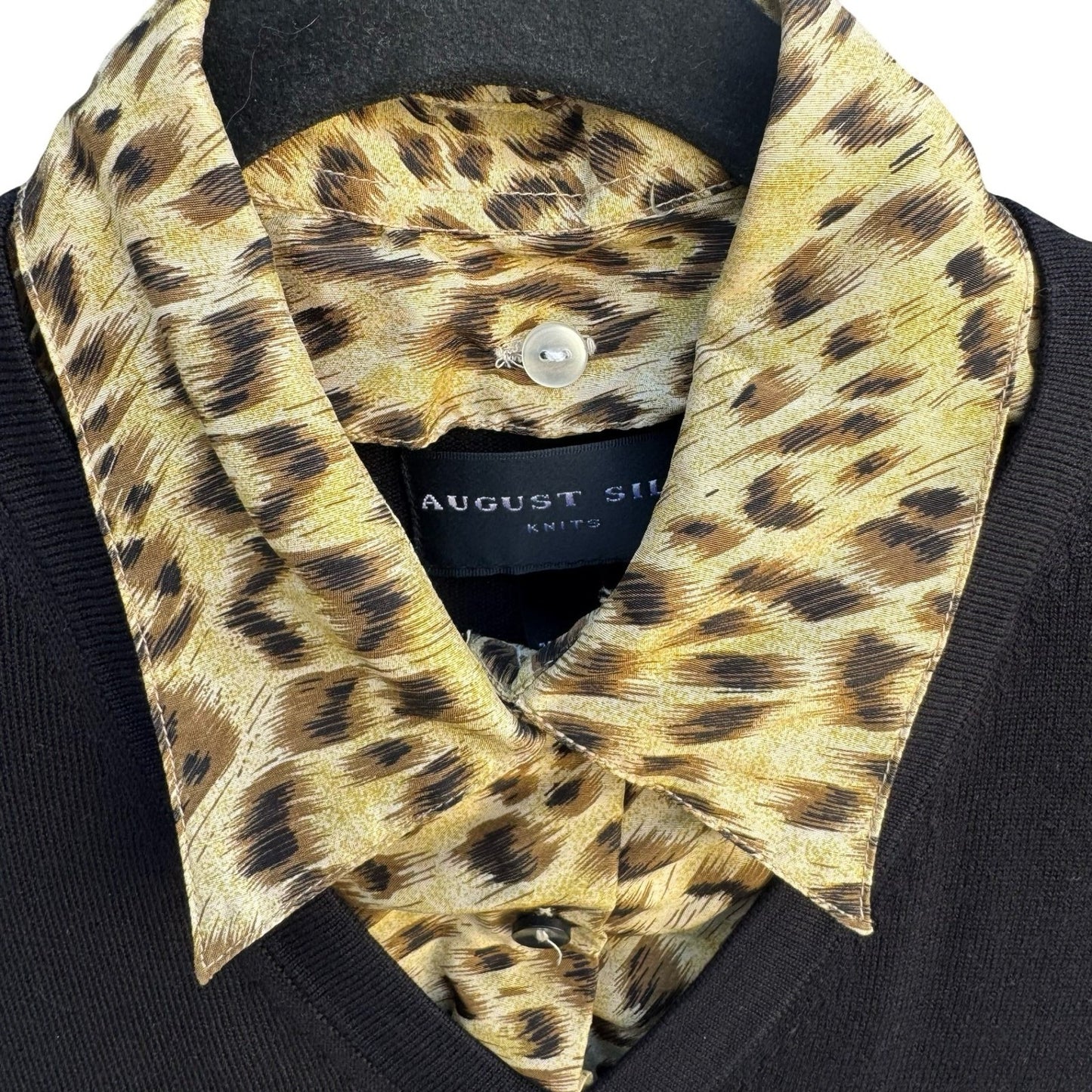 August Silk Knits Womens Black V-Neck Sweater Leopard Collar Layered Look Large